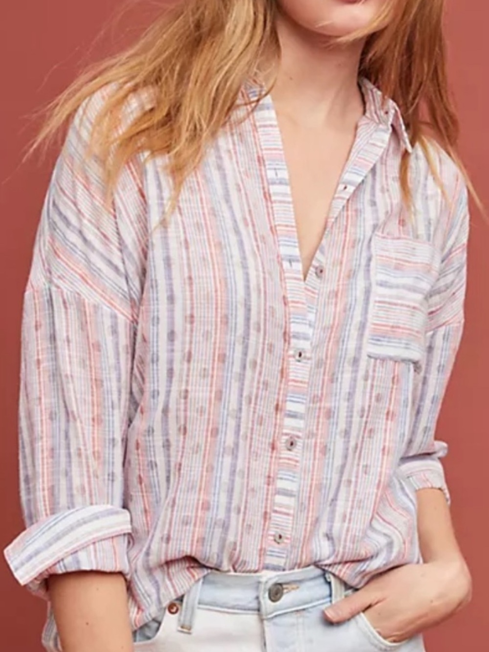 Anthropologie Maeve Breckenridge Striped Button-Down Top Pink & Blue Sz. XS